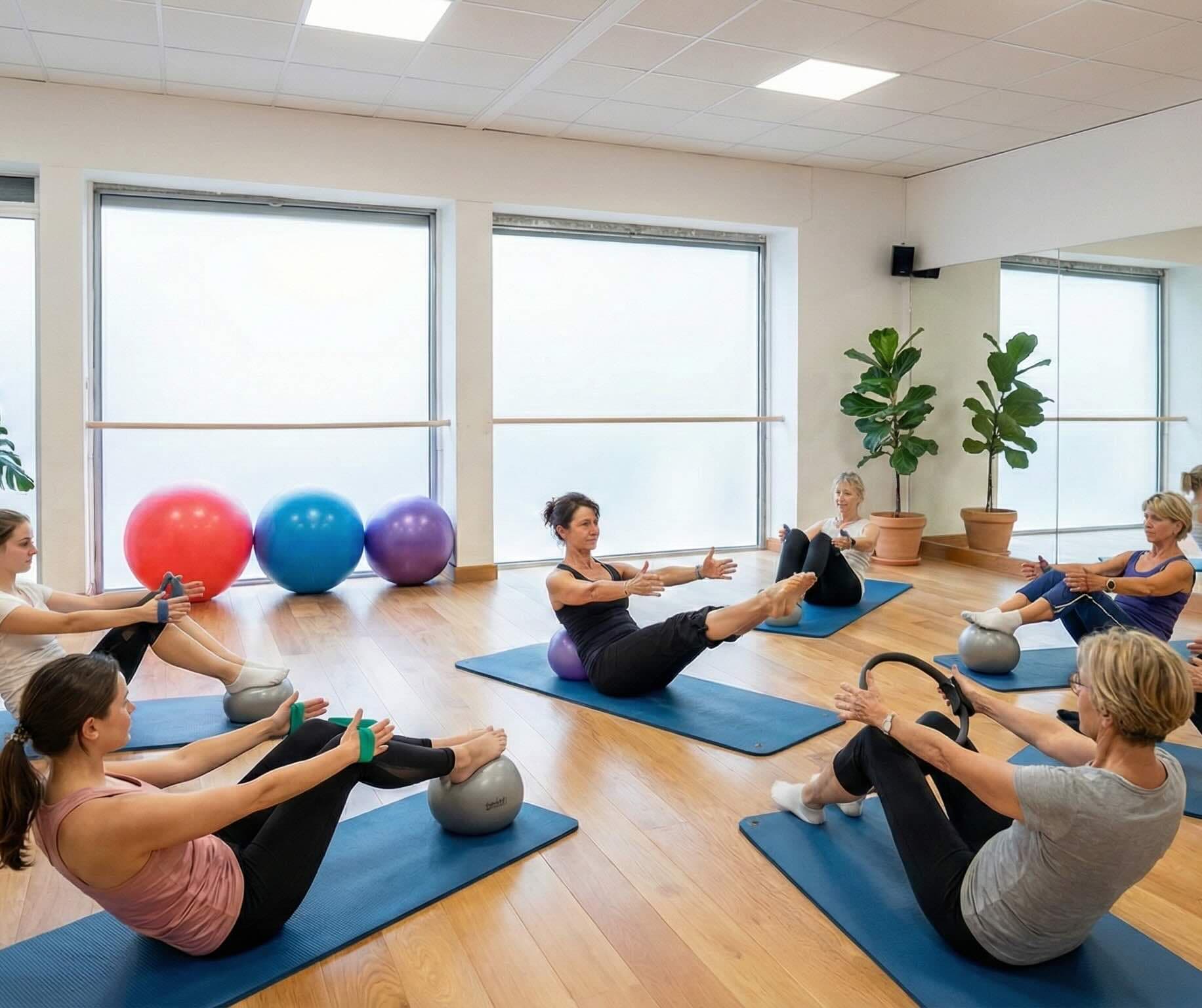 Studio de Pilates avec ballons colorés et tapis